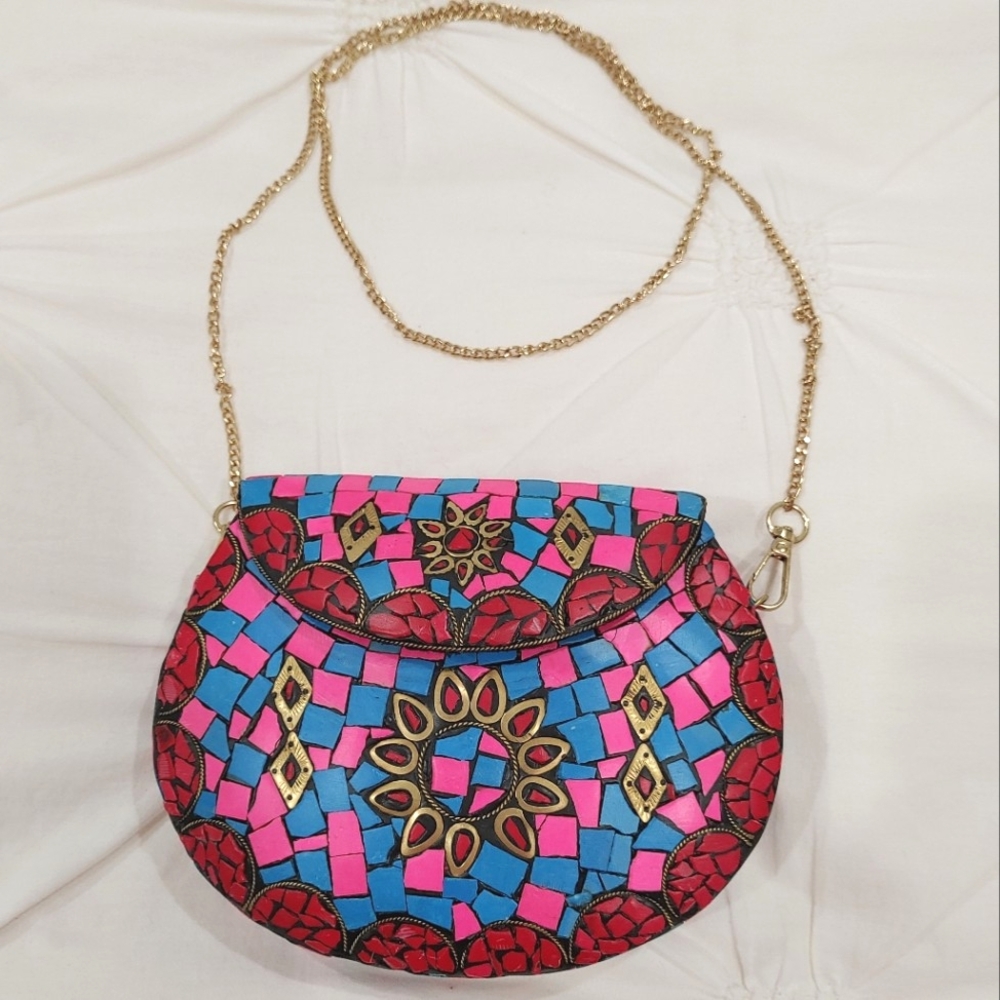 Ramla handmade pink, blue, red mosaic bag with detachable chain